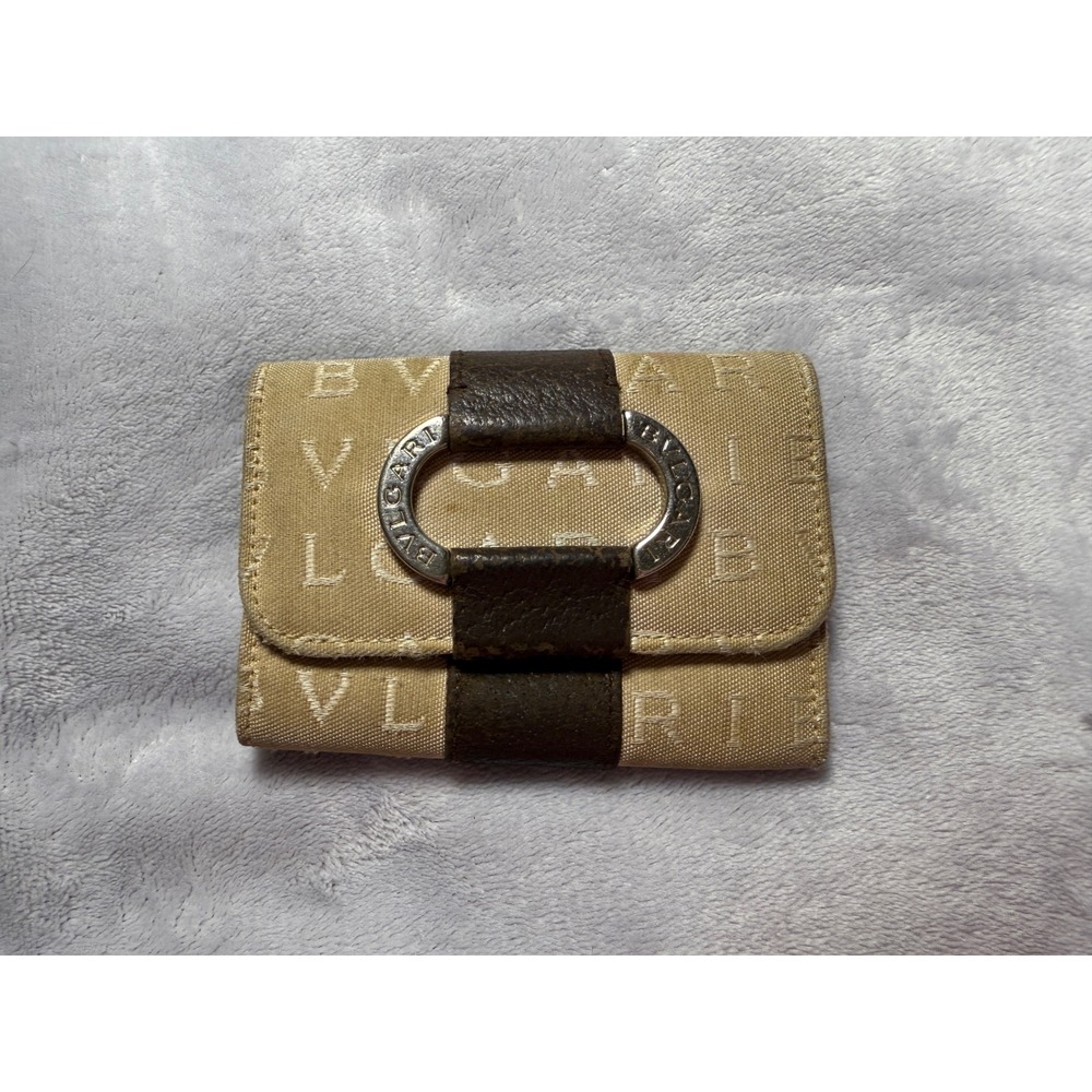 BVLGARI Logomania Canvas Leather Silver Hardware 6-Key Holder‎ Key Ring/Beige